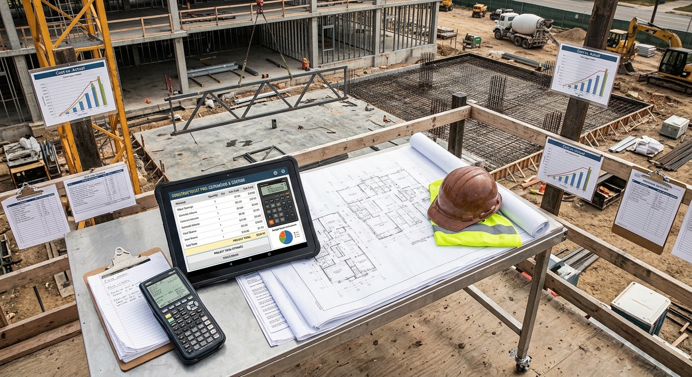 Costing sheets, calculator and plans at a construction site