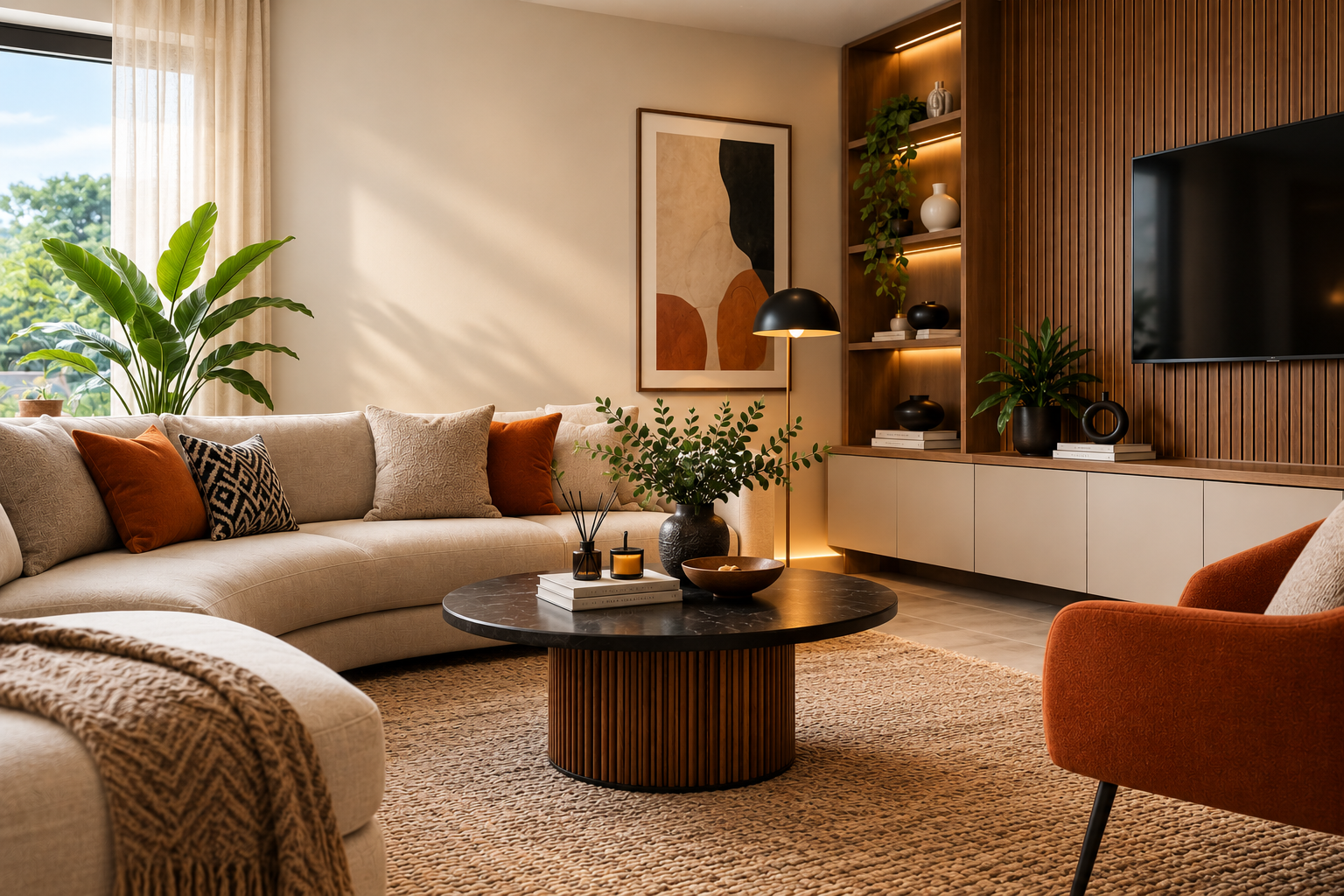 Finished living room with warm wood details and seating