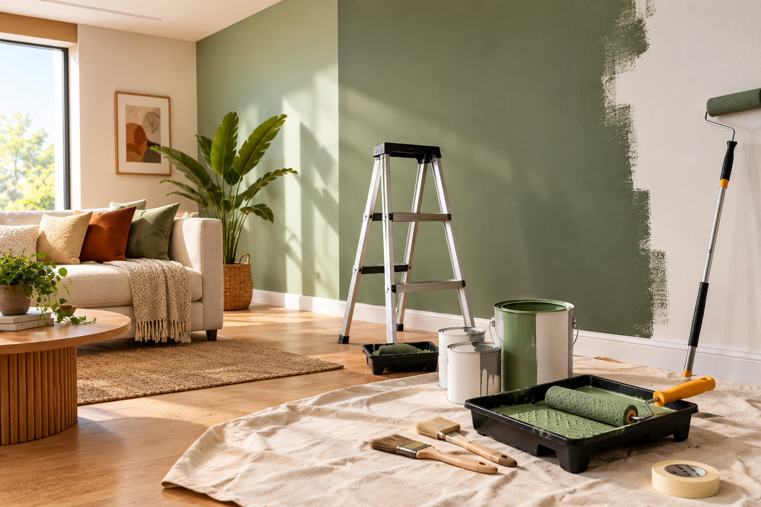 Painting supplies beside a partially painted living room wall