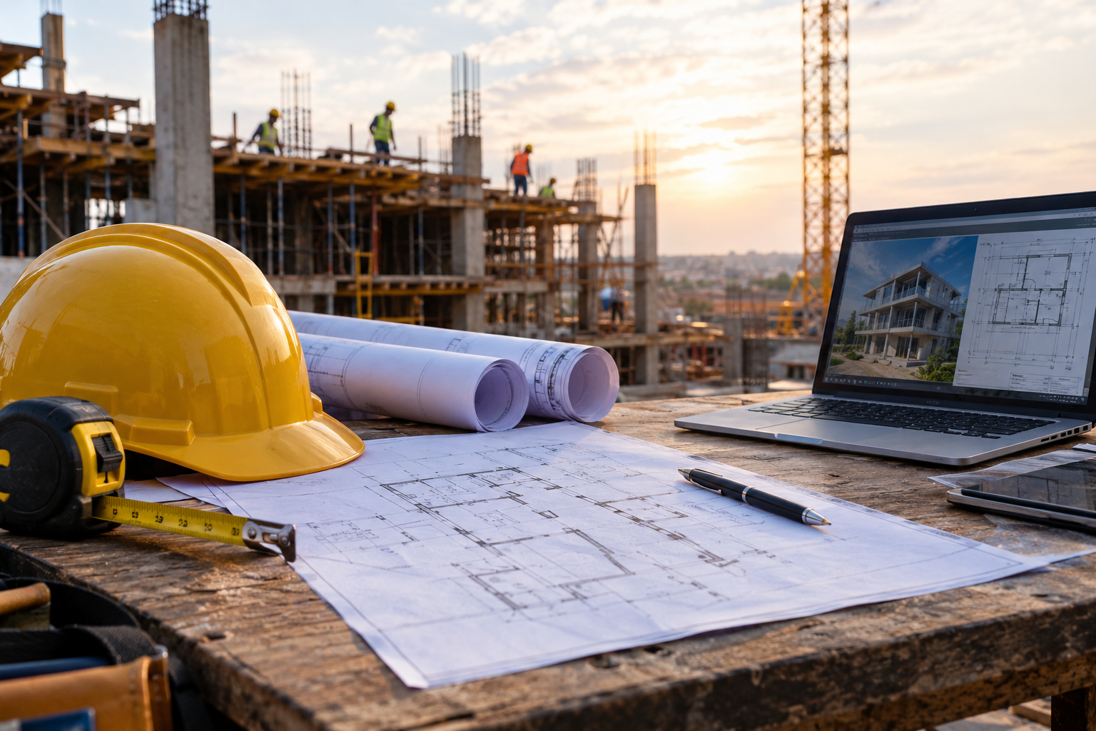 Building plans, safety helmet and laptop at a construction site