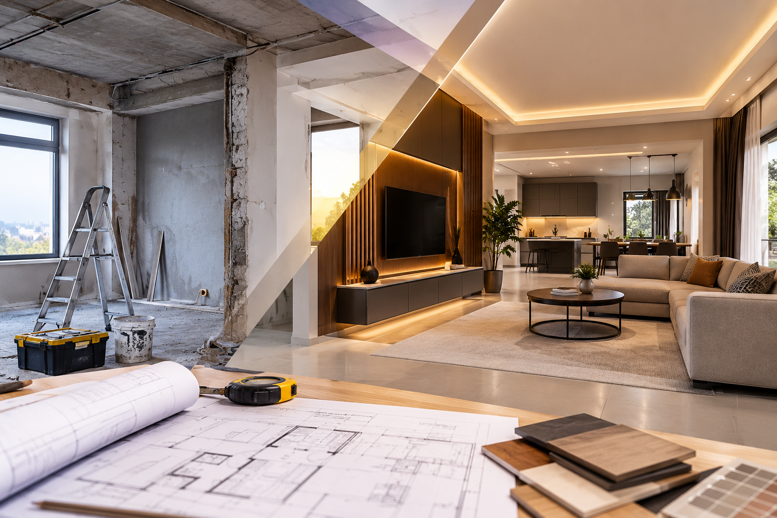 Before and after view of a remodelled living space