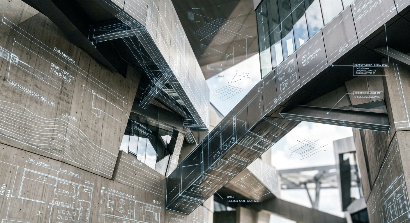 Modern building forms overlaid with architectural drawings
