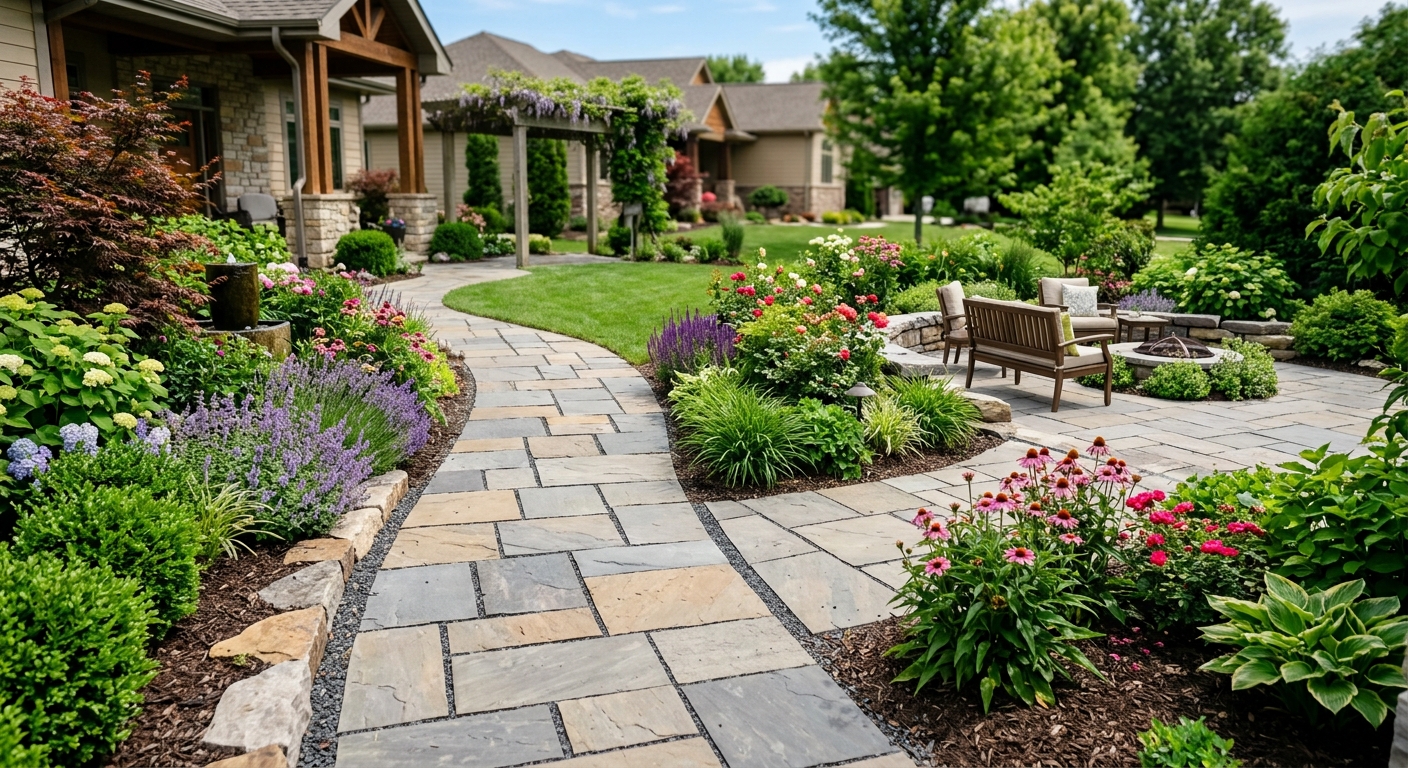 Landscaped garden with stone-paved walkways and planting