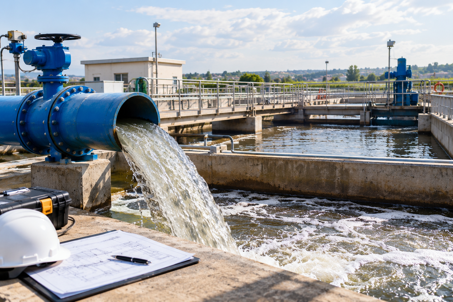 Water flowing from a blue pipe at a water treatment facility
