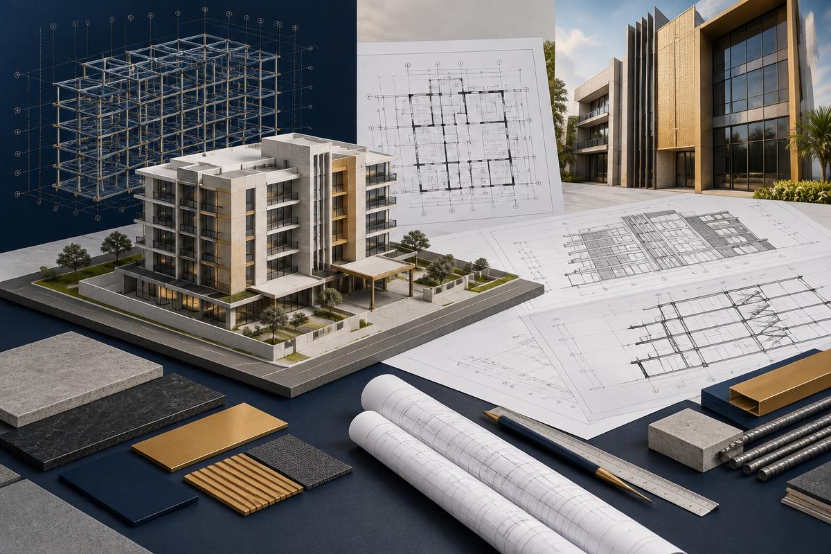 Building model, technical drawings and construction materials